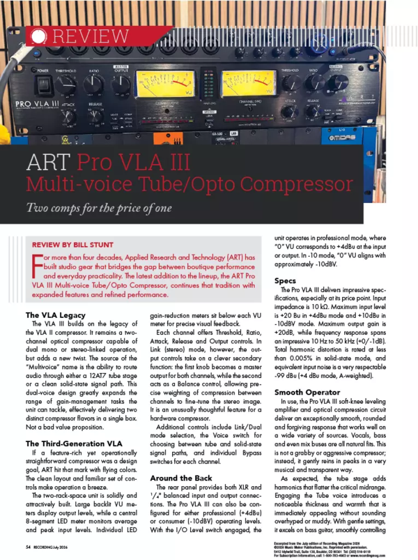 ART Pro VLA III - Przegląd w magazynie Recording - Zdjęcie 1